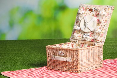 Photo of One picnic wicker basket with checkered napkin, tableware and blanket on grass against blurred green background. Space for text