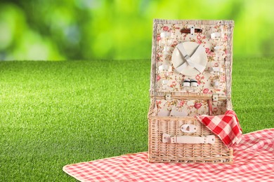 Photo of One picnic wicker basket with checkered napkin, tableware and blanket on grass against blurred green background. Space for text