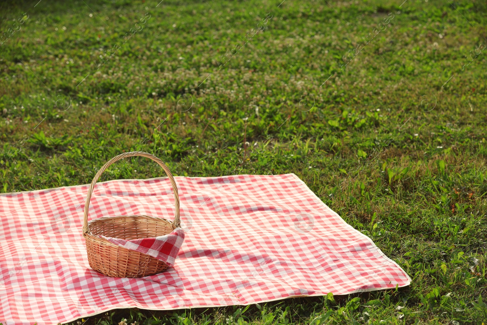 Photo of Picnic wicker basket with napkin and red checkered blanket on green grass outdoors