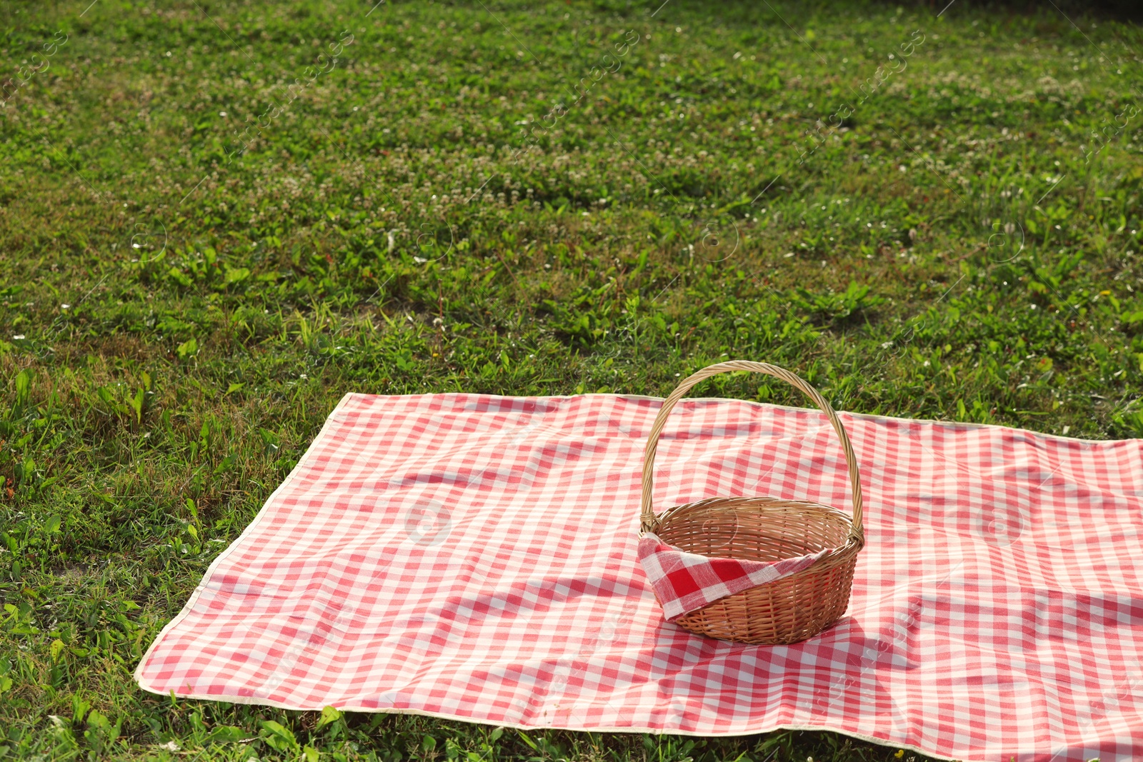 Photo of Picnic wicker basket with napkin and red checkered blanket on green grass outdoors