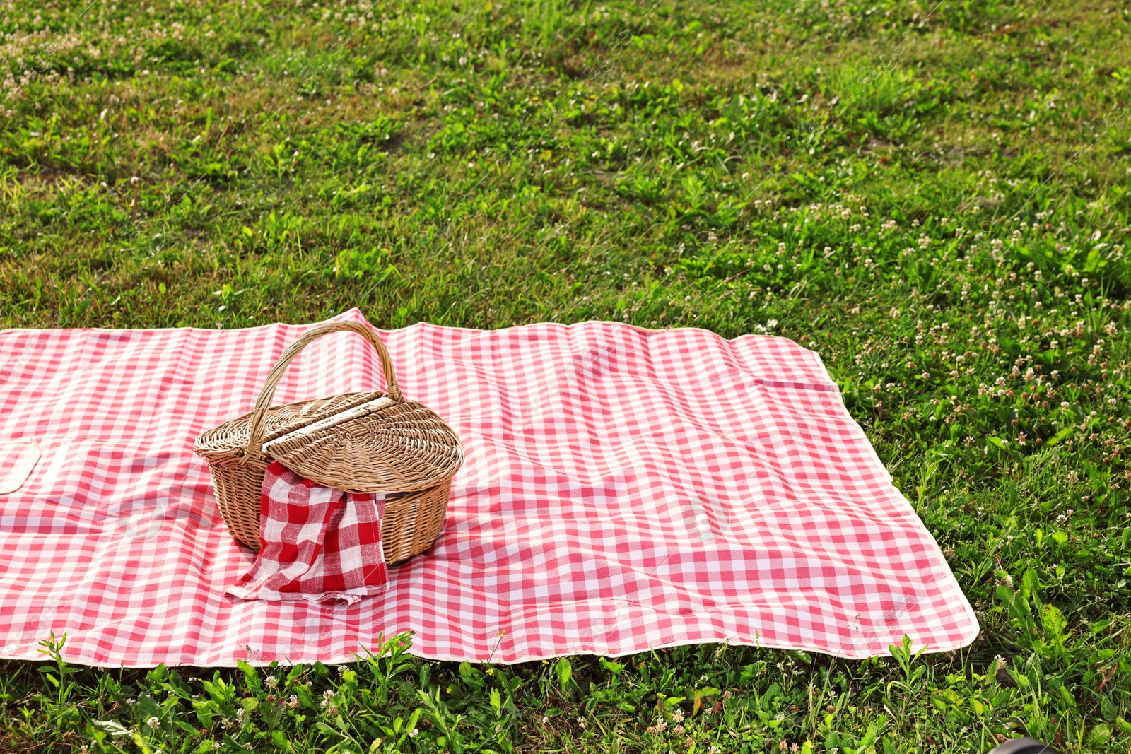 Photo of Picnic wicker basket with napkin and red checkered blanket on green grass outdoors