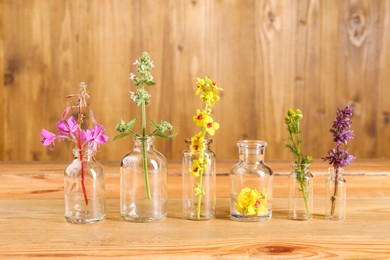 Different healing herbs in bottles on wooden table