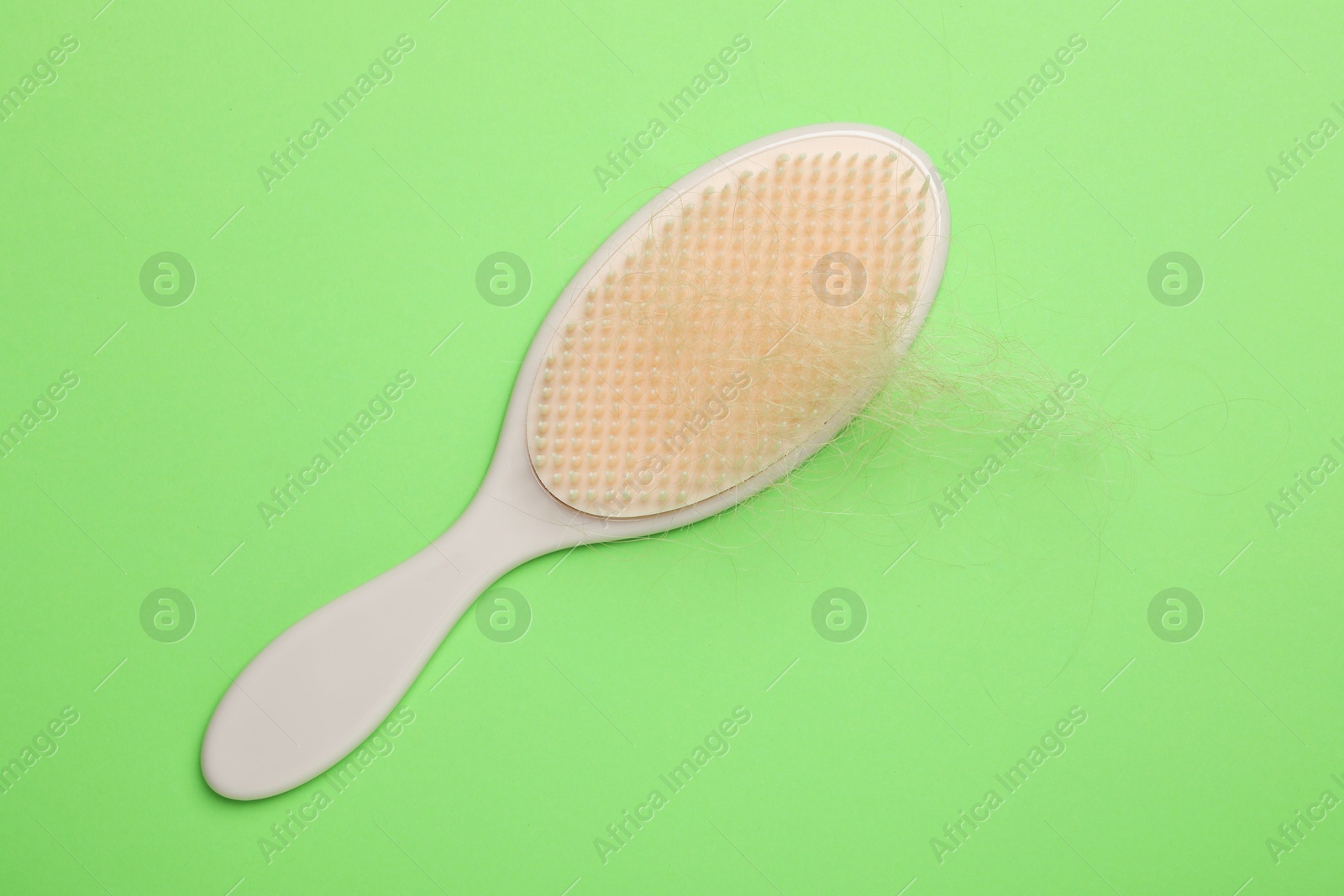 Photo of One brush with lost hair on light green background, top view