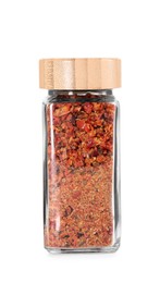 Red chili pepper flakes in glass jar isolated on white