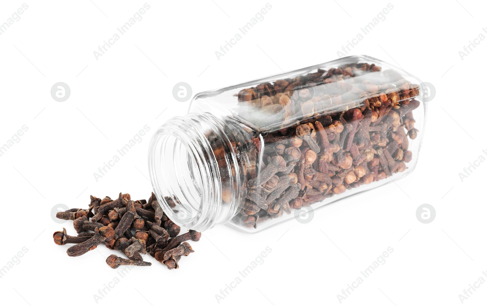 Photo of Clove buds and glass jar isolated on white