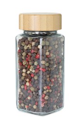 Peppercorns in glass jar isolated on white