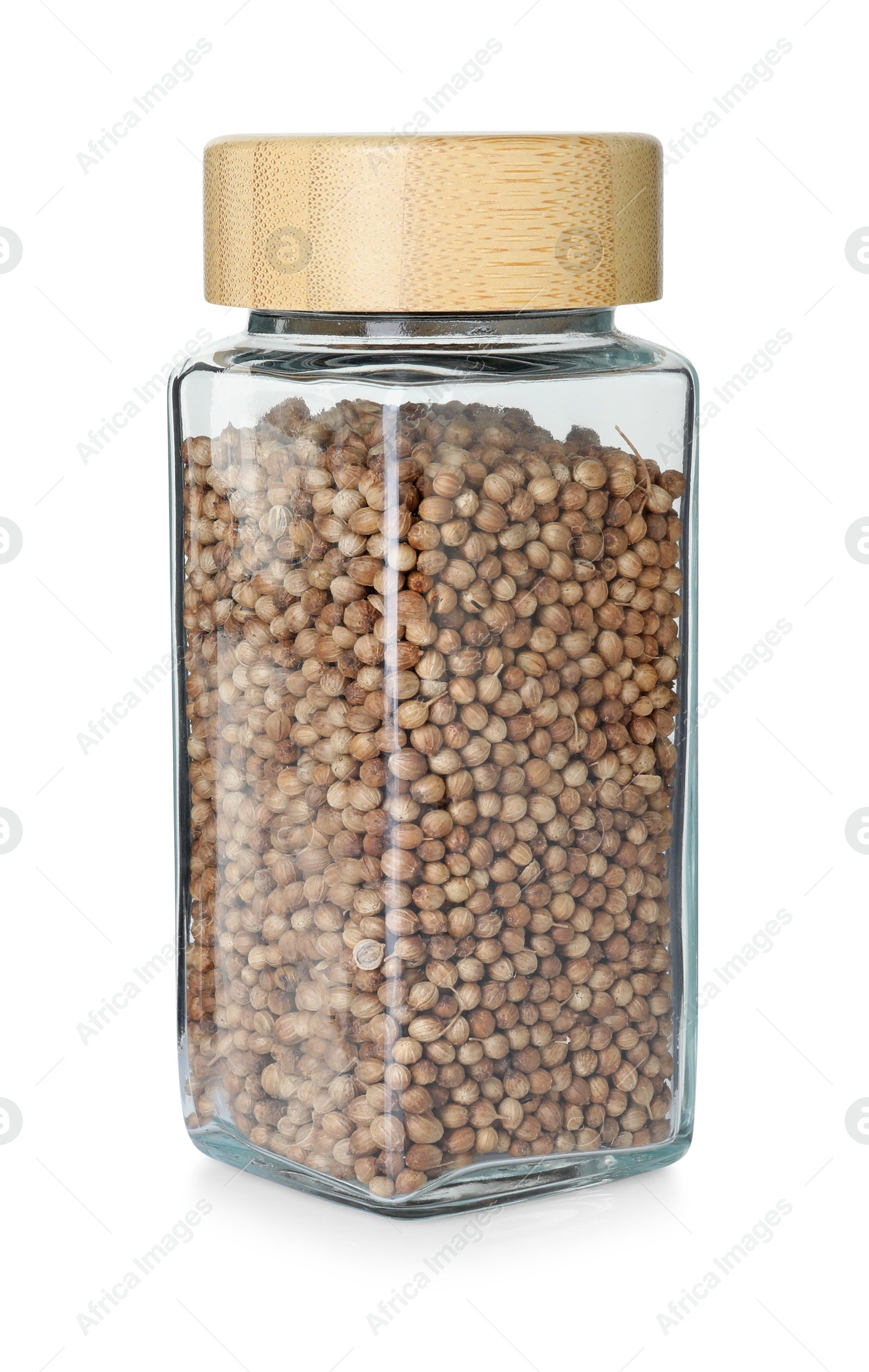 Photo of Coriander in glass jar isolated on white