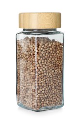 Photo of Coriander in glass jar isolated on white