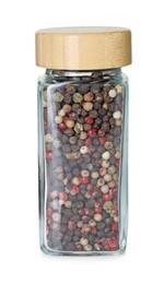 Photo of Peppercorns in glass jar isolated on white