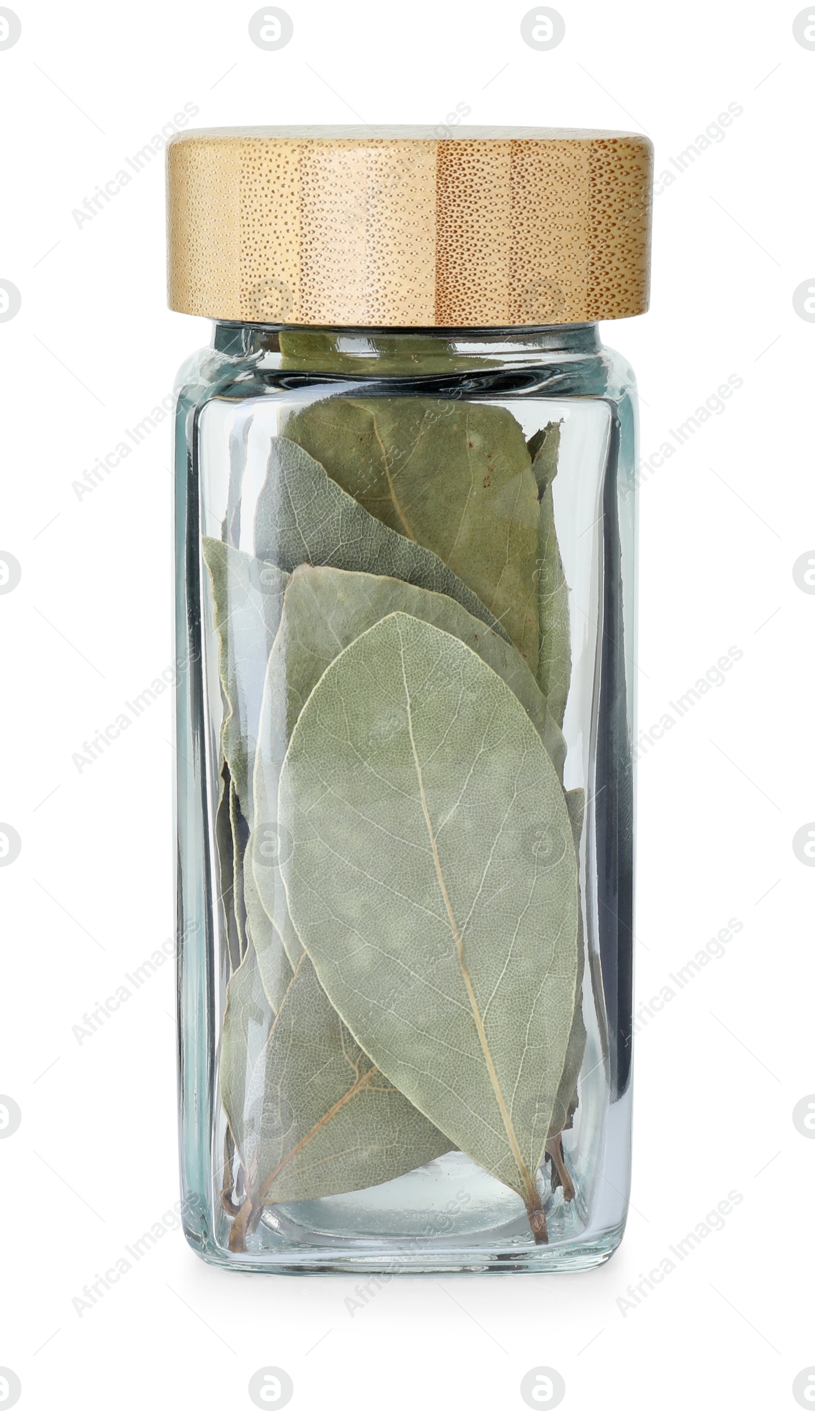 Photo of Dry bay leaves in glass jar isolated on white