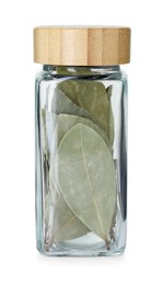 Photo of Dry bay leaves in glass jar isolated on white