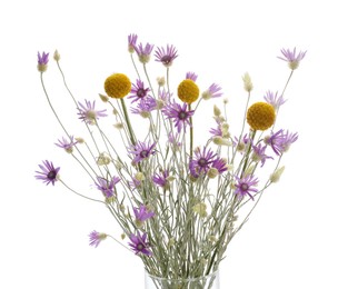 Photo of Bouquet of beautiful xeranthemum and craspedia isolated on white