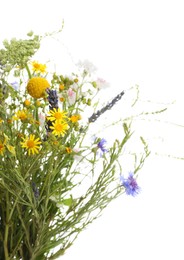 Photo of Bouquet of beautiful wildflowers isolated on white