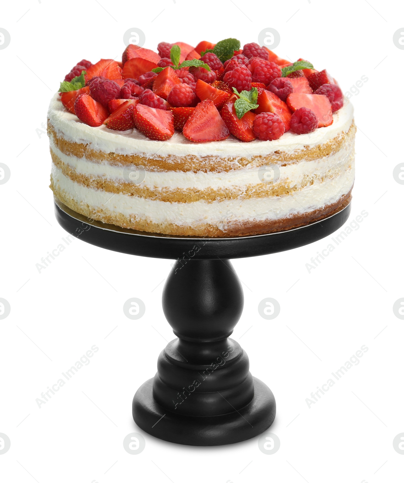 Photo of Tasty sponge cake with fresh berries and mint isolated on white