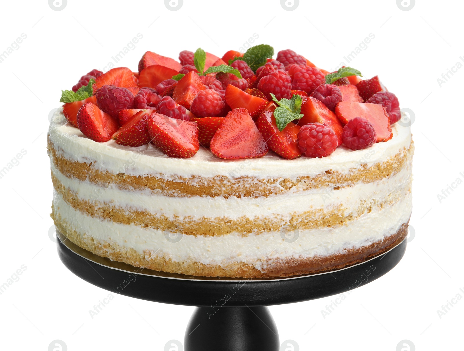 Photo of Tasty sponge cake with fresh berries and mint isolated on white