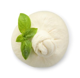 Fresh burrata cheese and basil leaves isolated on white, top view