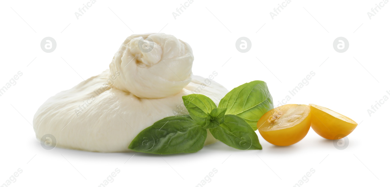 Photo of Fresh burrata cheese, cut cherry tomato and basil leaves isolated on white