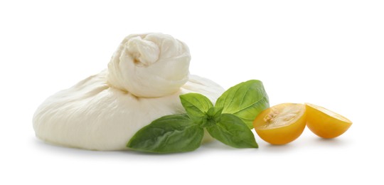 Fresh burrata cheese, cut cherry tomato and basil leaves isolated on white