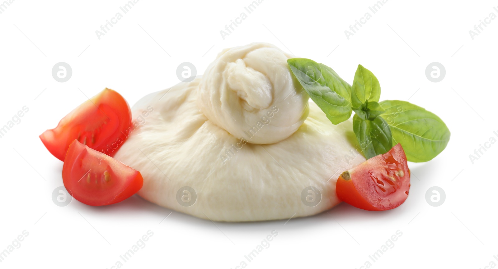 Photo of Fresh burrata cheese, cut cherry tomato and basil leaves isolated on white