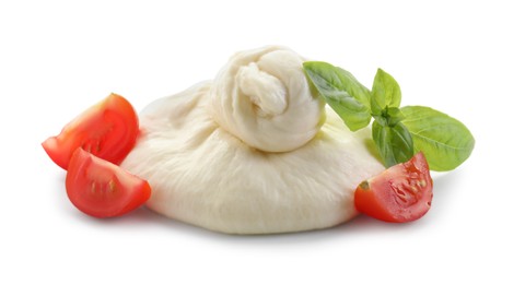 Photo of Fresh burrata cheese, cut cherry tomato and basil leaves isolated on white