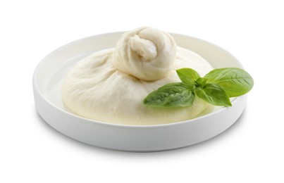 Photo of Plate with fresh burrata cheese and basil leaves isolated on white