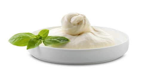 Plate with fresh burrata cheese and basil leaves isolated on white