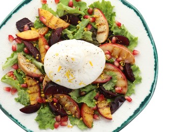 Photo of Plate with fresh burrata salad isolated on white, top view