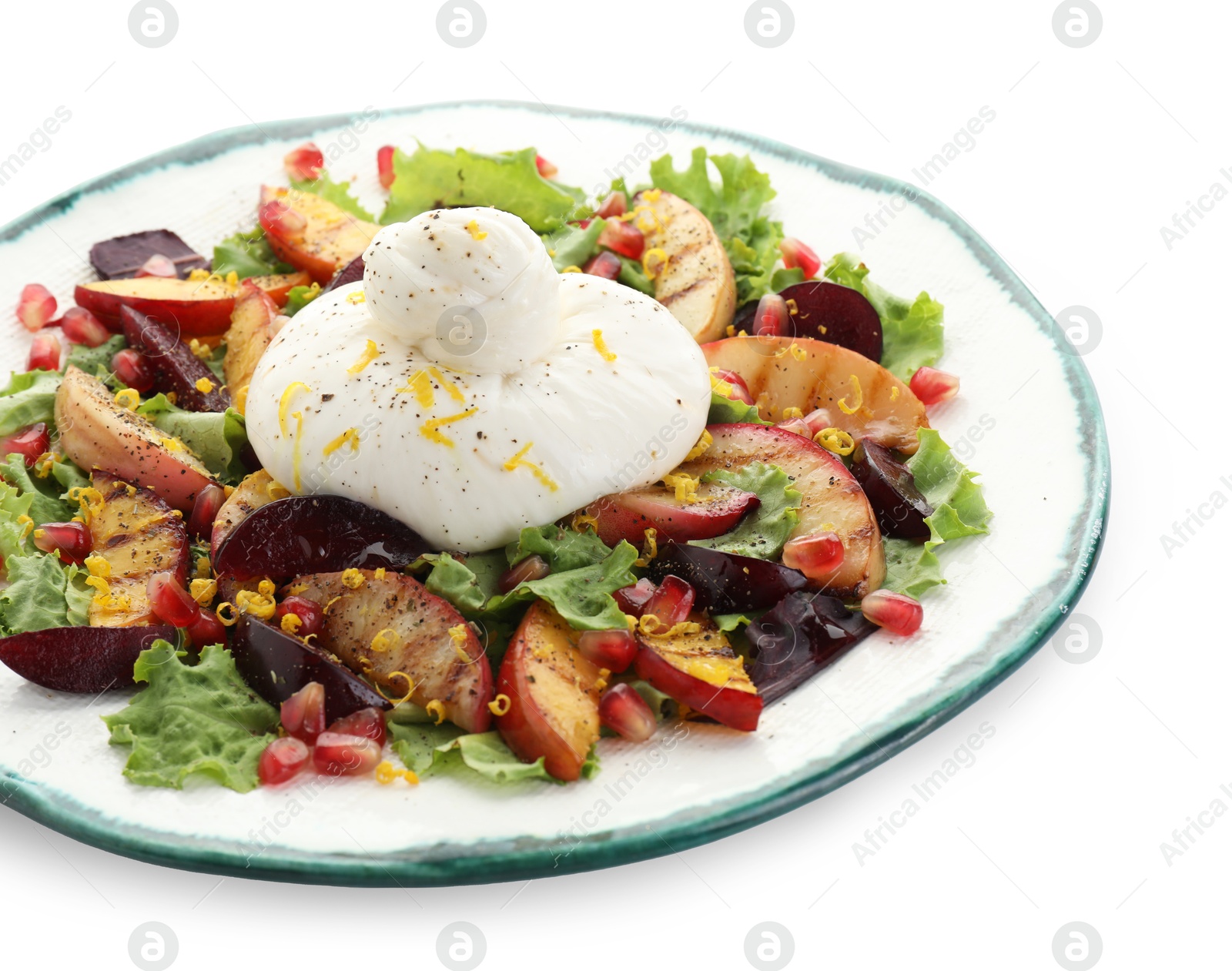 Photo of Plate with fresh burrata salad isolated on white