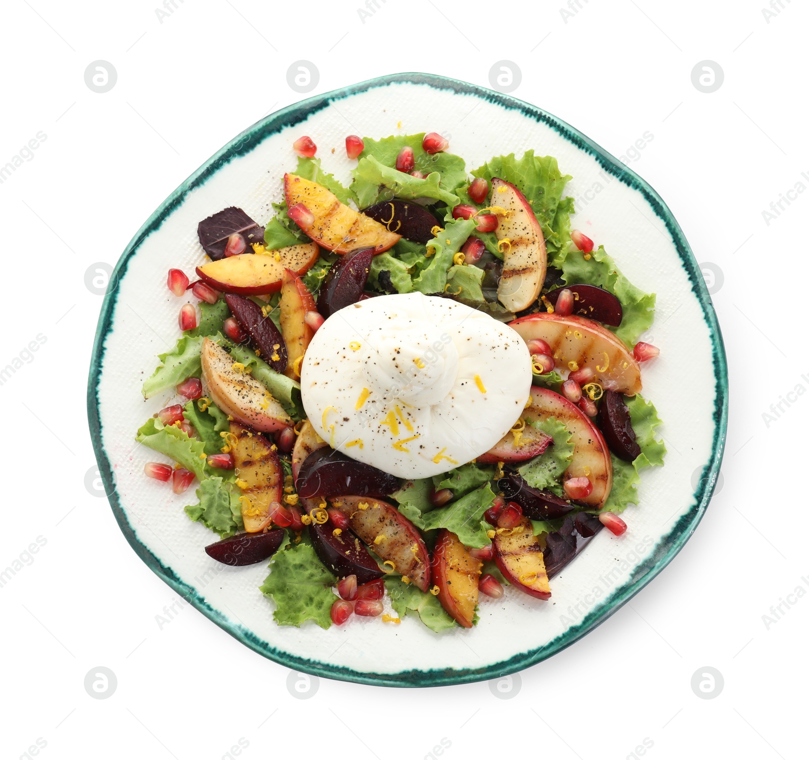 Photo of Plate with fresh burrata salad isolated on white, top view