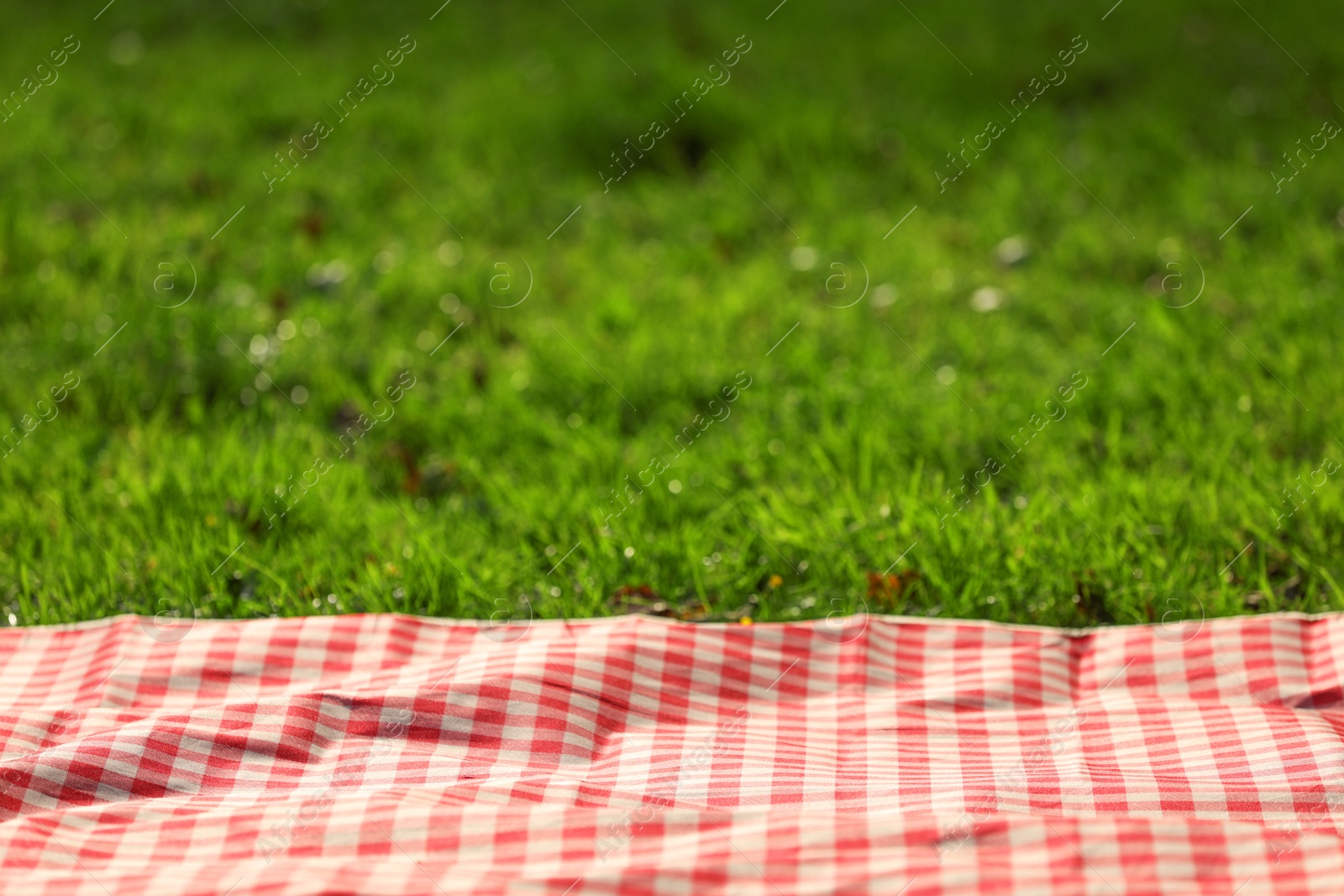 Photo of Checkered picnic tablecloth on green grass, closeup. Space for text