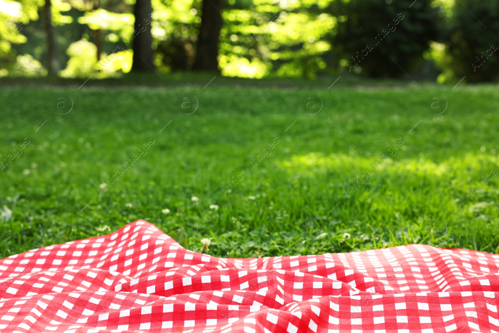 Photo of Checkered picnic tablecloth on green grass, closeup. Space for text