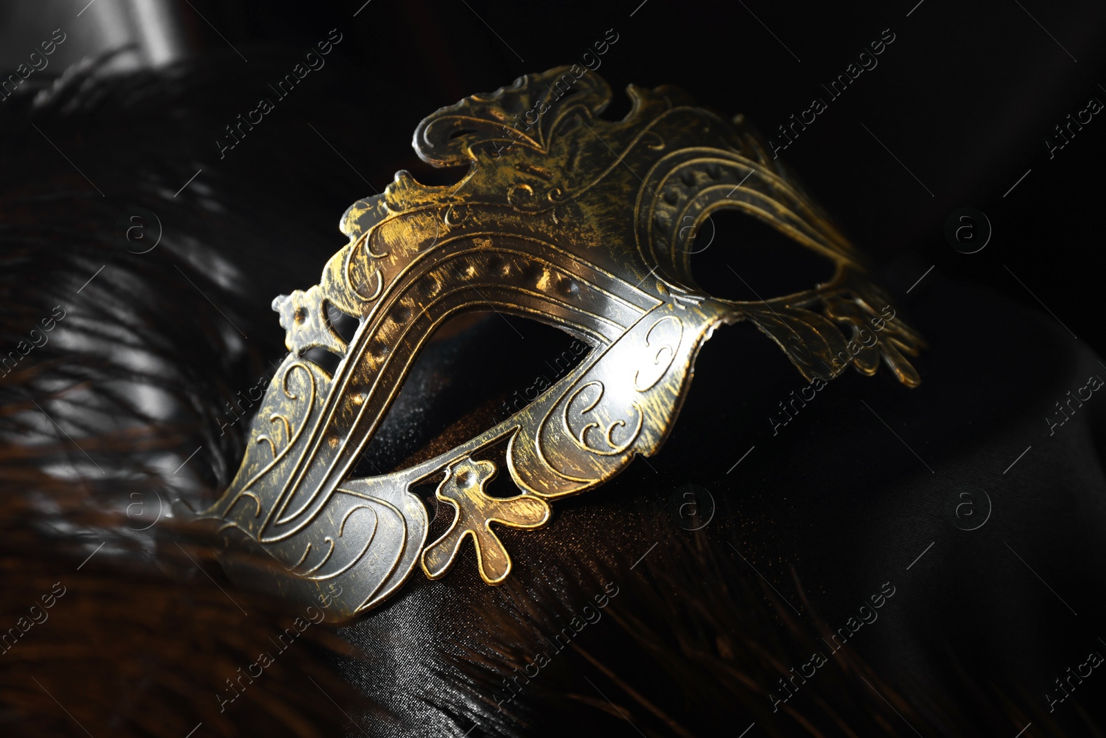 Photo of Beautiful carnival mask and feathers on black fabric, closeup