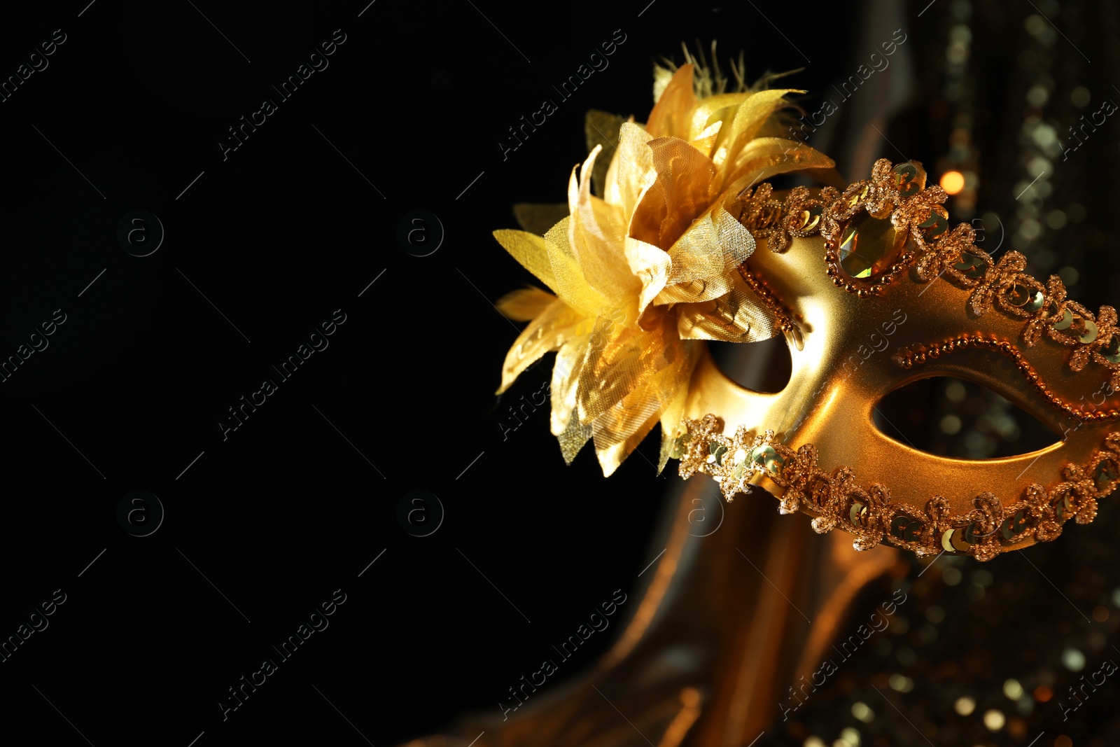 Photo of Beautiful carnival mask in darkness, closeup. Space for text