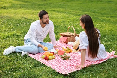 Lovely couple having picnic on green grass outdoors