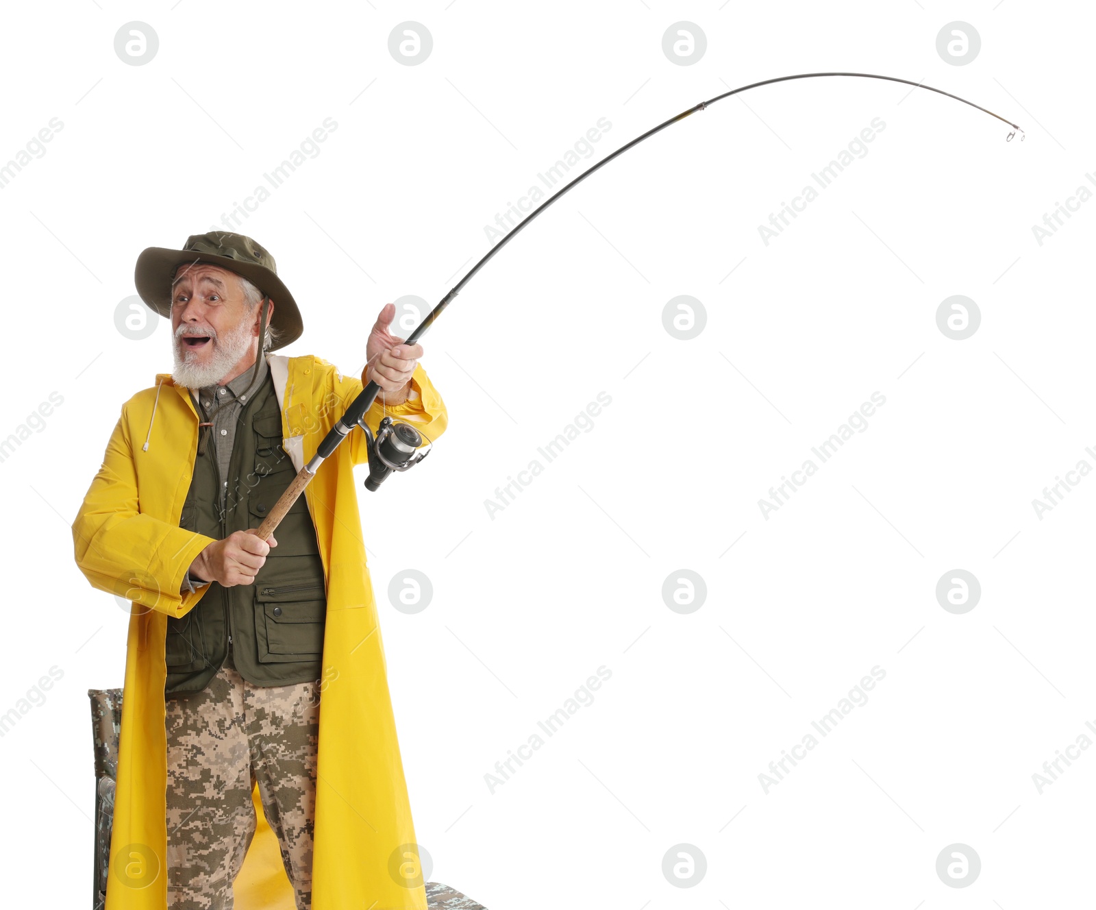 Photo of Fisherman with fishing rod on white background