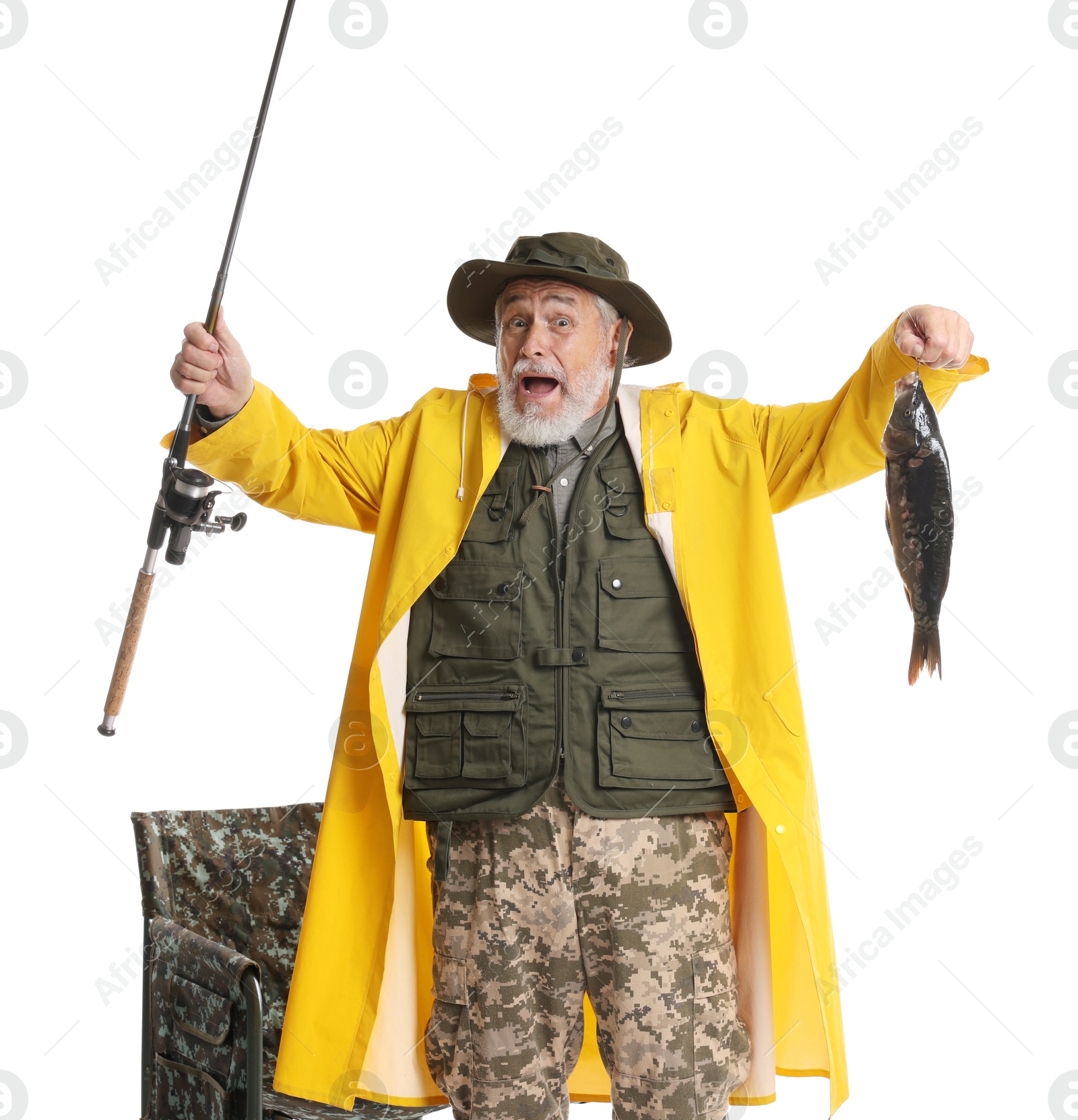 Photo of Fisherman with rod and catch on white background