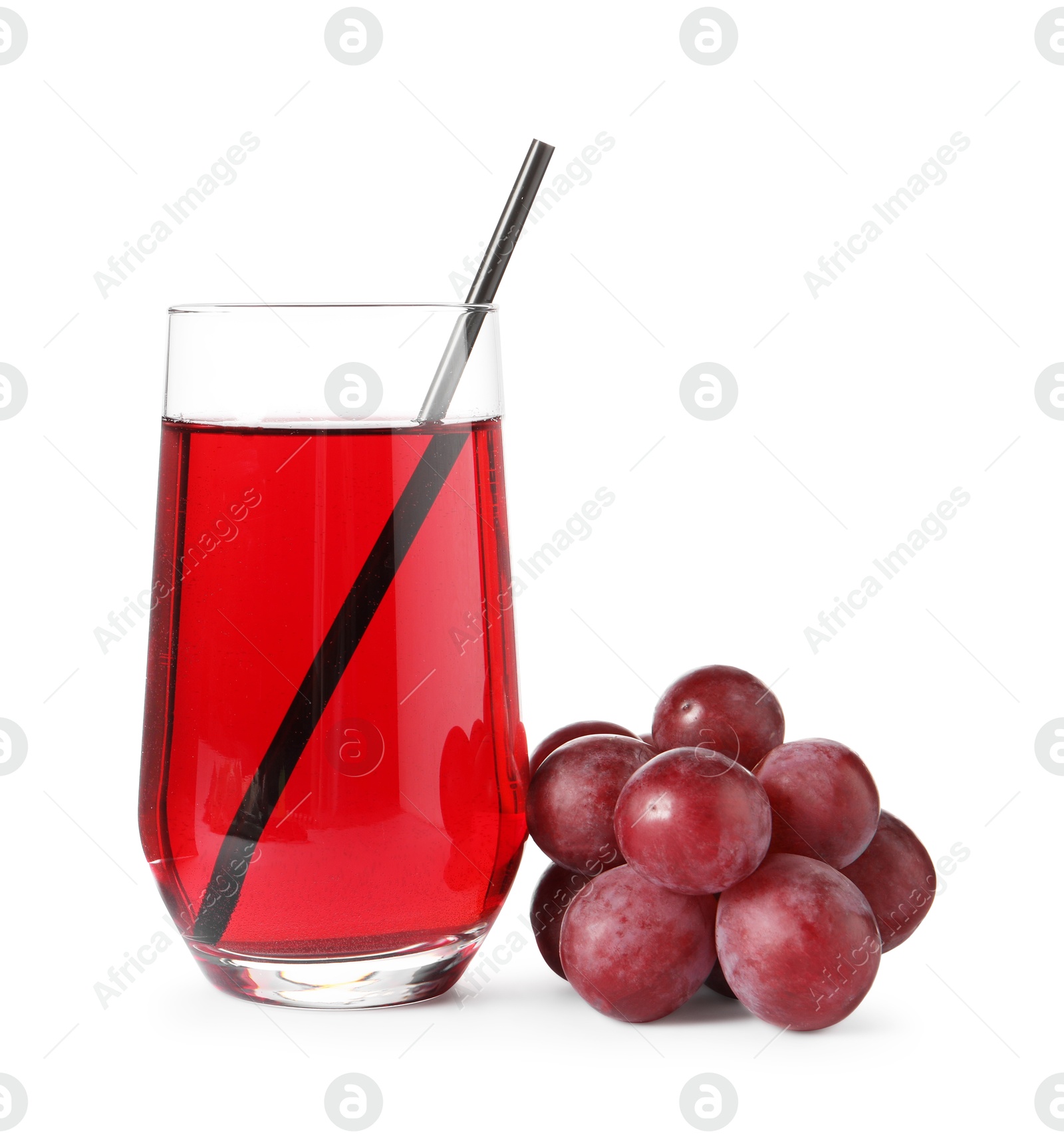 Photo of Ripe grapes and glass of tasty juice isolated on white