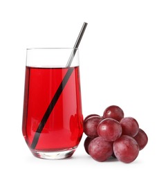 Photo of Ripe grapes and glass of tasty juice isolated on white