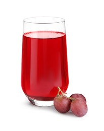 Ripe grapes and glass of tasty juice isolated on white