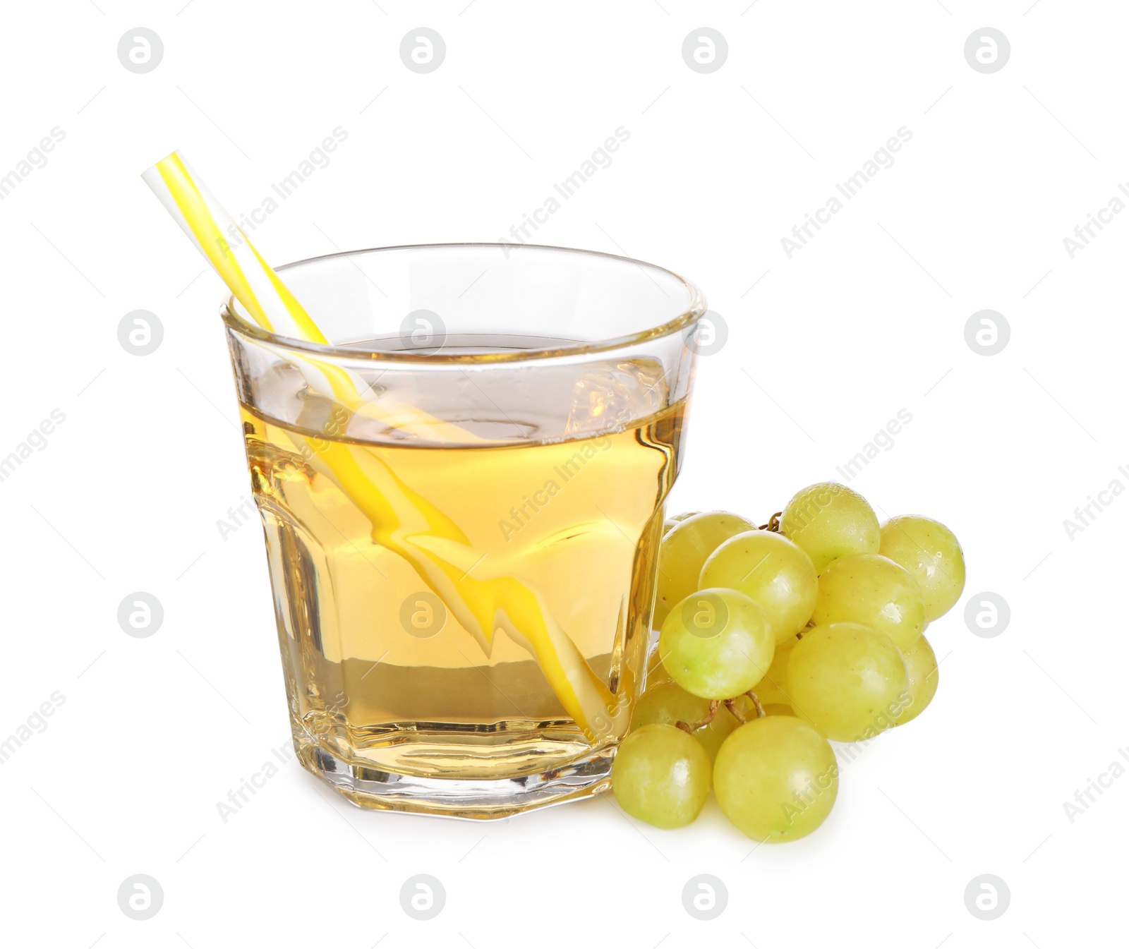 Photo of Ripe grapes and glass of tasty juice isolated on white