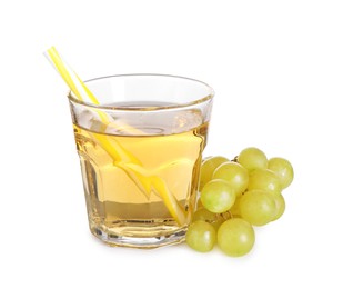 Photo of Ripe grapes and glass of tasty juice isolated on white