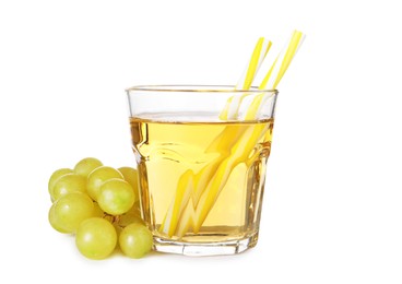 Photo of Ripe grapes and glass of tasty juice isolated on white