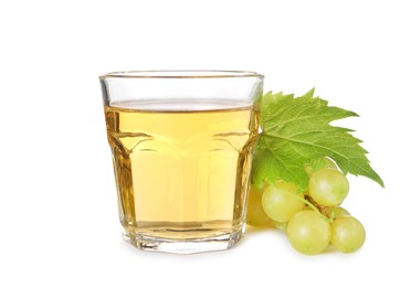 Ripe grapes and glass of tasty juice isolated on white