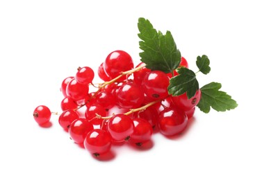 Photo of Fresh ripe red currant berries with green leaves isolated on white