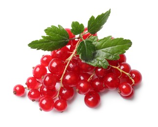 Fresh ripe red currant berries with green leaves isolated on white