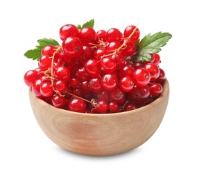 Ripe red currants with green leaves in bowl isolated on white