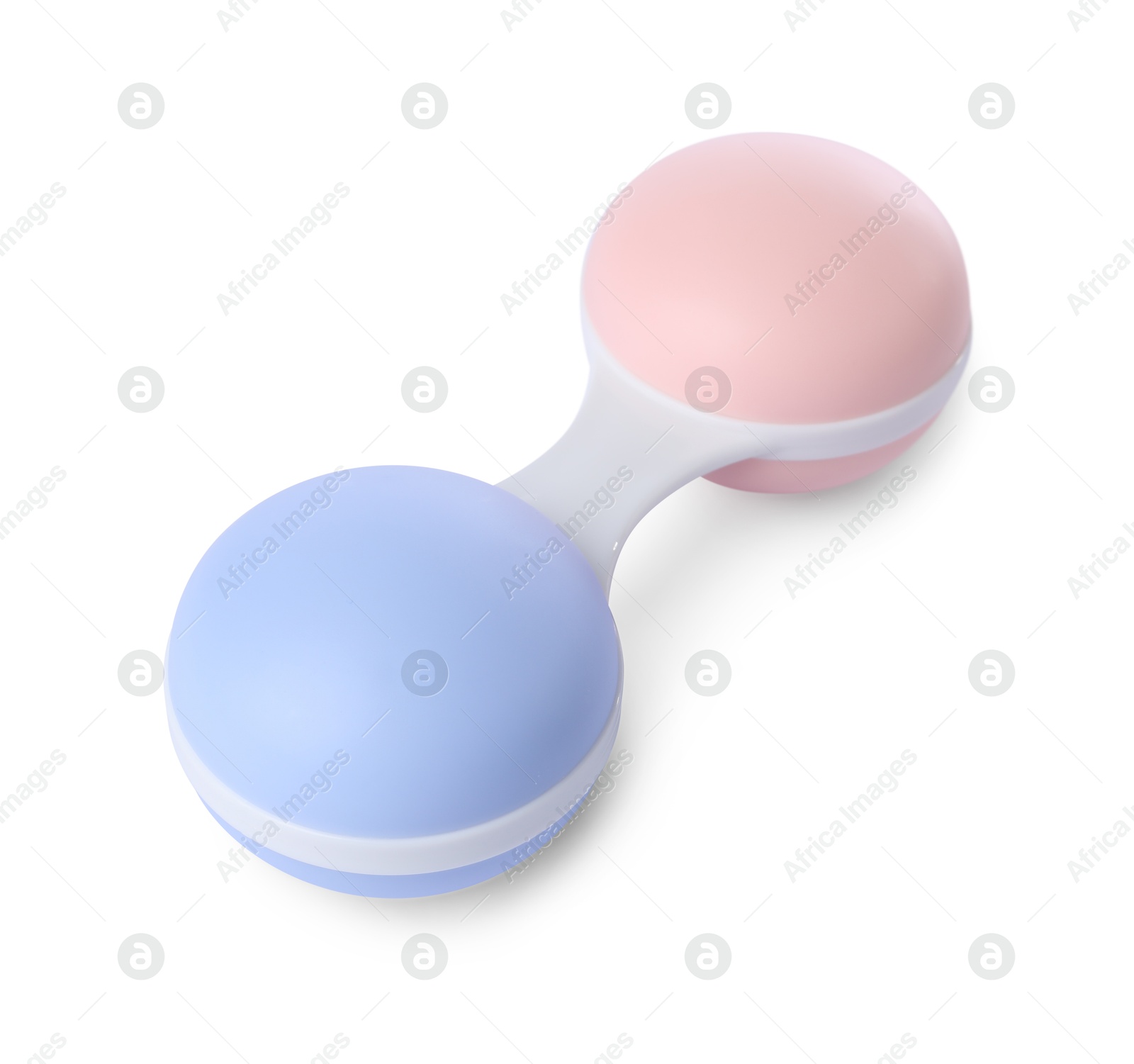 Photo of Colorful rattle isolated on white. Baby accessory