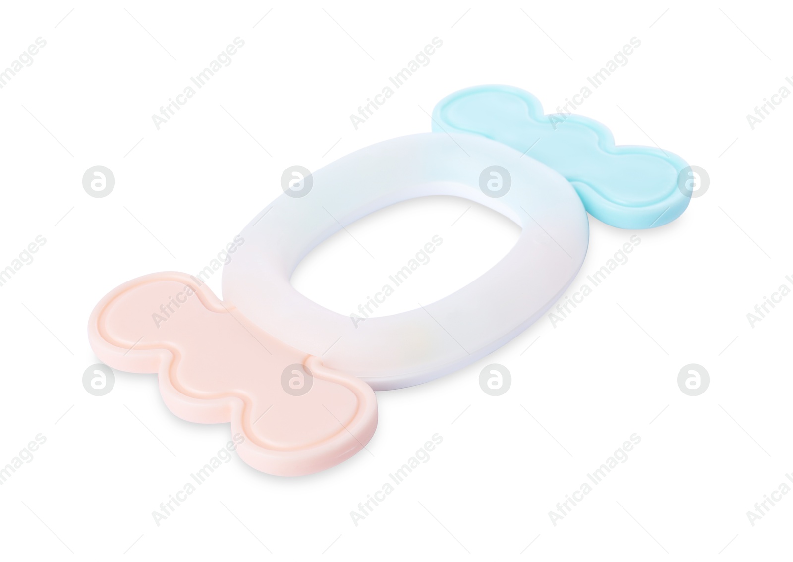 Photo of Colorful rattle isolated on white. Baby accessory