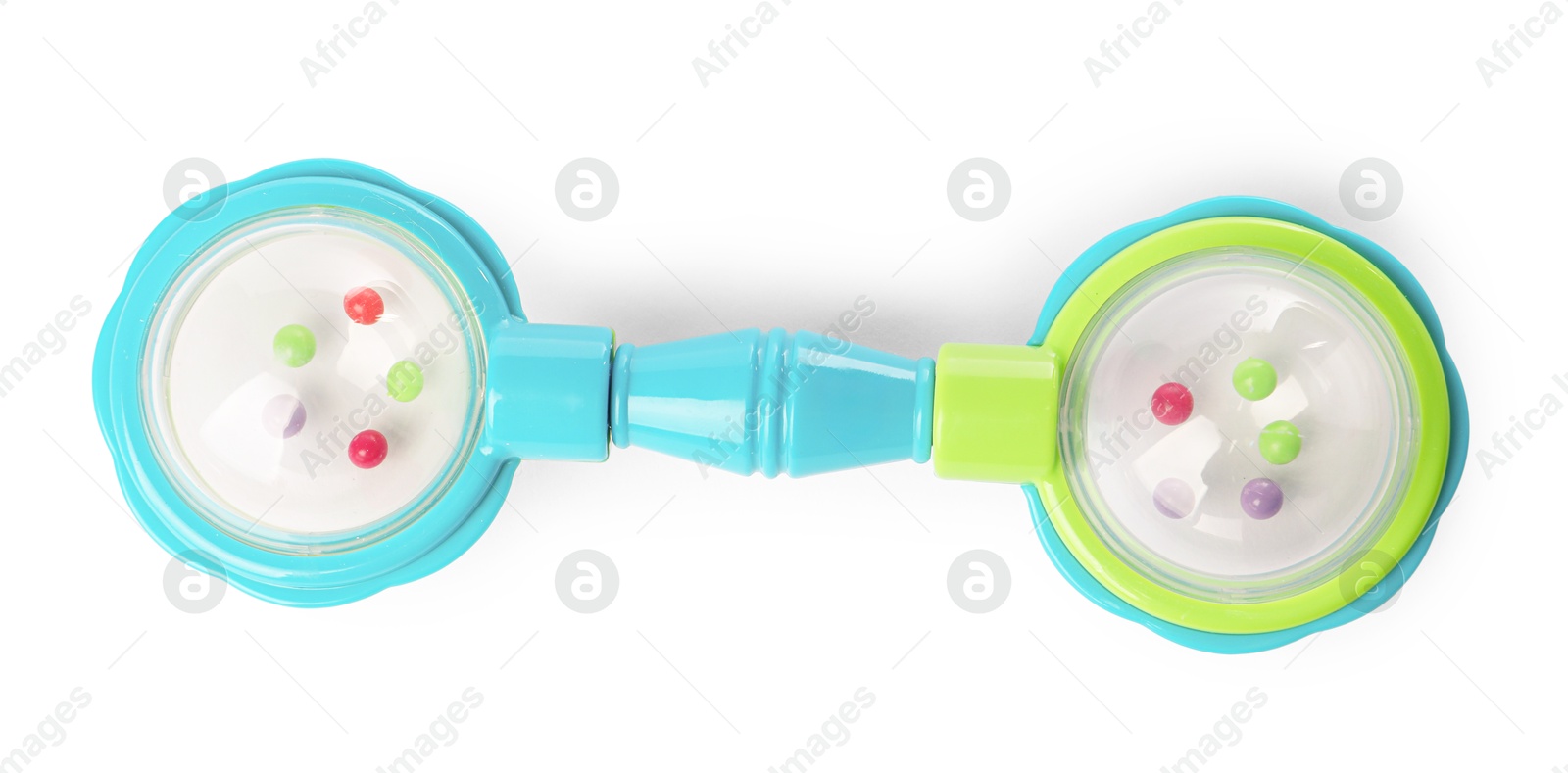 Photo of Colorful rattle isolated on white, top view. Baby accessory