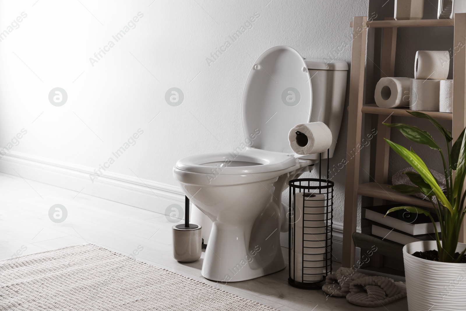 Photo of White toilet bowl, paper rolls and houseplant in bathroom. Space for text